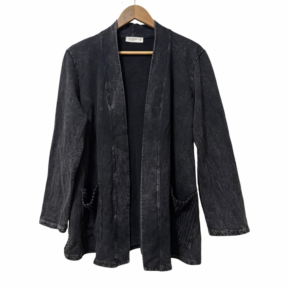Jess & Jane Mineral Washed Cotton Fleece Open Front Cardigan Size M Black Grunge
